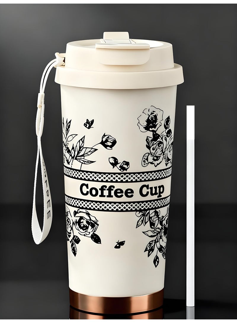 AHAKAC Coffee Mugs with Straw Vacuum Insulated Coffee Cups Tea Cup Travel Mug Leakproof Double Wall Stainless Steel Reusable Coffee Cup with Lid for Hot and Cold Drinks - Image 1